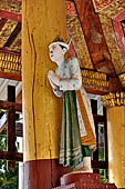 Bagan Myanmar. Shwezigon pagoda. Brightly coloured figures narrating Siddhartha Gautama and the characters he encountered on his travels, the old man, the sick man and the dead man.  